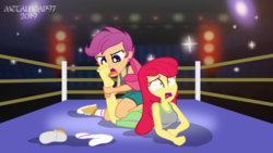 Size: 3999x2249 | Tagged: safe, artist:metalhead97, apple bloom, scootaloo, equestria girls, g4, angry, barefoot, bloomsub, boxing ring, clothes, feet, female, femdom, femsub, fetish, foot fetish, foot worship, high res, licking, licking foot, scootadom, screaming, show accurate, sock, spongebob squarepants, sports, submissive, tank top, the fry cook games, this is personal, tongue out, wrestling