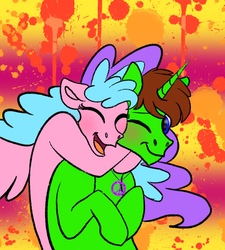 Size: 1280x1423 | Tagged: safe, artist:bella-pink-savage, oc, oc:bella pinksavage, oc:ryan, pony, brother and sister, cute, female, hug, hug from behind, jewelry, male, necklace, peace symbol, siblings, surprise hug