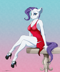 Size: 2500x3000 | Tagged: safe, artist:skitsroom, rarity, anthro, unguligrade anthro, g4, anatomically incorrect, backless, clothes, dress, ear fluff, female, gradient background, high heels, high res, incorrect leg anatomy, leg fluff, looking at you, mare, shoes, side slit, sitting, solo