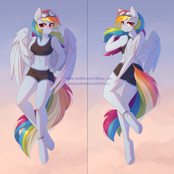 Size: 3000x3000 | Tagged: safe, artist:fensu-san, rainbow dash, anthro, unguligrade anthro, abs, anklet, ass, bedroom eyes, belly button, blushing, body pillow, body pillow design, breasts, butt, clothes, cute, dashabetes, female, glasses, goggles, looking at you, midriff, reasonably sized breasts, solo, sports bra, sports shorts