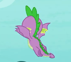 Size: 337x291 | Tagged: safe, screencap, spike, dragon, g4, molt down, season 8, claws, cropped, flying, male, rear view, solo, tail, winged spike, wings