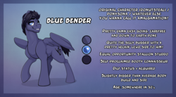 Size: 4900x2700 | Tagged: safe, artist:bluebender, oc, oc only, oc:blue bender, pegasus, pony, beard, cutie mark, dilf, facial hair, five o'clock shadow, male, reference sheet, stallion, standing, text, wings