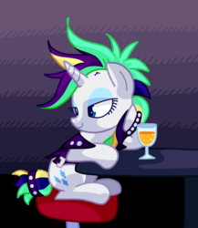 Size: 2606x3000 | Tagged: safe, artist:andromedasparkz, rarity, pony, unicorn, g4, alcohol, alternate hairstyle, clothes, eyeshadow, female, glass, high res, jacket, leather jacket, makeup, mare, punk, raised hoof, raripunk, seat, solo, spiked wristband, stool, table, wine, wine glass, wristband