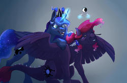 Size: 1024x670 | Tagged: safe, artist:vindhov, princess luna, oc, oc:noctis, alicorn, dracony, hybrid, pony, g4, duo, ethereal mane, eyes closed, female, gray background, interspecies offspring, jewelry, magic, mare, offspring, parent:princess luna, parent:spike, parents:spiluna, simple background, spread wings, starry mane, telekinesis, tiara, wings