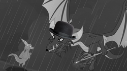 Size: 1280x720 | Tagged: safe, edit, edited screencap, screencap, gaius, scales (g4), dragon, g4, the hearth's warming club, black and white, bowler hat, cane, charlie chaplin, dragoness, duo, facial hair, female, grayscale, hat, male, monochrome, moustache, rain, spread wings, wings