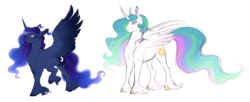 Size: 3565x1456 | Tagged: safe, artist:vindhov, princess celestia, princess luna, alicorn, pony, g4, colored hooves, duo, ethereal mane, fangs, female, long feather, mare, royal sisters, simple background, sisters, spread wings, starry mane, transparent background, unshorn fetlocks, wings