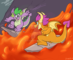 Size: 1024x838 | Tagged: safe, artist:thedoggygal, smolder, spike, dragon, g4, baby, baby dragon, cute, dragon lands, dragoness, duo, female, happy, lava, lava surfing, looking at each other, male, obtrusive watermark, open mouth, open smile, rock, signature, smiling, smolderbetes, spikabetes, surfing, watermark, winged spike, wings