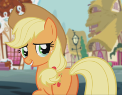 Size: 1211x938 | Tagged: safe, screencap, applejack, earth pony, pony, crusaders of the lost mark, g4, butt, cropped, crying, crying on the outside, female, looking back, mare, plot, raised hoof, rear view, smiling, solo, tears of joy, teary eyes