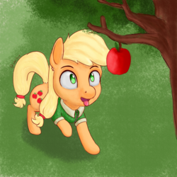 Size: 2500x2500 | Tagged: safe, artist:solarbutt, applejack, earth pony, pony, g4, apple, apple tree, clothes, eyes on the prize, female, food, high res, mare, open mouth, shirt, solo, that pony sure does love apples, tongue out, tree, tree branch