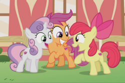 Size: 1296x868 | Tagged: safe, screencap, apple bloom, scootaloo, sweetie belle, earth pony, pegasus, pony, unicorn, crusaders of the lost mark, g4, bow, cropped, cutie mark, cutie mark crusaders, excited, female, filly, hair bow, it happened, looking at each other, open mouth, raised hoof, smiling, the cmc's cutie marks, trio