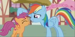 Size: 1668x831 | Tagged: safe, screencap, rainbow dash, scootaloo, pegasus, pony, crusaders of the lost mark, g4, cute, duo, eyes closed, female, filly, mare, messy mane, petting, raised hoof, scootalove, smiling