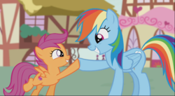 Size: 1645x903 | Tagged: safe, screencap, rainbow dash, scootaloo, pegasus, pony, crusaders of the lost mark, g4, duo, female, filly, hoofbump, looking at each other, mare, raised leg, scootalove, smiling