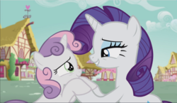 Size: 1626x941 | Tagged: safe, screencap, rarity, sweetie belle, pony, unicorn, crusaders of the lost mark, g4, duo, female, holding hooves, lidded eyes, looking at each other, mare, sisters, smiling