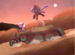 Size: 2700x2000 | Tagged: safe, artist:shellsweet, oc, oc:night strike, oc:static charge, earth pony, pegasus, pony, fallout equestria, fallout equestria: empty quiver, cannon, clothes, driving, fanfic art, flying, half-track, high res, kettenkrad, outdoors, sunset, vehicle