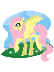 Size: 1280x1707 | Tagged: safe, artist:carryonmywaywardderp, fluttershy, pegasus, pony, g4, blushing, deviantart watermark, female, looking away, mare, obtrusive watermark, outdoors, profile, raised hoof, raised leg, simple background, smiling, solo, spread wings, transparent background, watermark, wings