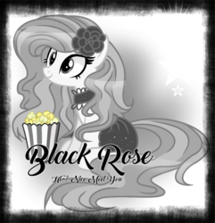 Size: 1005x1042 | Tagged: safe, artist:beikiart, oc, oc only, oc:black rose (ice1517), earth pony, pony, bag, clothes, dress, female, flower, flower in hair, food, mare, monochrome, popcorn, rose, sitting, solo