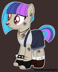 Size: 722x892 | Tagged: safe, artist:bluedinoadopts, oc, oc only, oc:scavy, earth pony, pony, boots, brown background, clothes, denim, dirt, ear piercing, earring, female, fingerless gloves, gloves, jewelry, mare, multicolored hair, necklace, nose piercing, nose ring, overalls, piercing, scar, scratching, shoes, shorts, simple background, socks, solo, spiked wristband, tank top, torn clothes, white socks, wristband