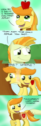 Size: 1203x3652 | Tagged: safe, artist:hoofclid, braeburn, oc, oc:lester shire, g4, apple, comic, cute, cutie mark, father and son, food, glowing cutie mark, male, starry eyes, tree, wingding eyes