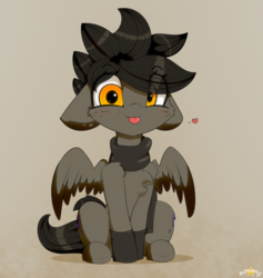 Size: 2367x2500 | Tagged: safe, artist:n0nnny, oc, oc only, oc:nova, pegasus, pony, :p, art trade, chest fluff, clothes, ear fluff, floppy ears, freckles, heart, high res, looking at you, male, scarf, silly, socks, solo, spread wings, tongue out, wings