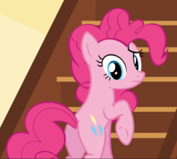 Size: 1041x938 | Tagged: safe, screencap, pinkie pie, earth pony, pony, g4, the one where pinkie pie knows, balloonbutt, butt, confused, cropped, female, looking at you, looking back, looking back at you, mare, plot, raised hoof, rear view, solo, stairs, underhoof
