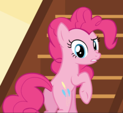 Size: 1025x939 | Tagged: safe, screencap, pinkie pie, earth pony, pony, g4, the one where pinkie pie knows, balloonbutt, butt, confused, cropped, cutie mark, female, looking at you, looking back, looking back at you, mare, plot, raised eyebrow, raised hoof, rear view, solo, stairs, underhoof