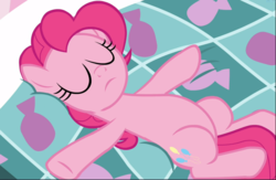 Size: 1444x940 | Tagged: safe, screencap, pinkie pie, earth pony, pony, g4, the one where pinkie pie knows, belly, cropped, eyes closed, female, lying on bed, mare, solo