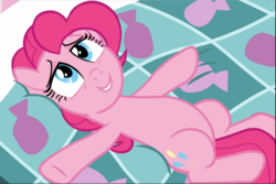 Size: 1403x940 | Tagged: safe, screencap, pinkie pie, earth pony, pony, g4, the one where pinkie pie knows, belly, cropped, cute, diapinkes, female, lying down, lying on bed, mare, smiling, solo
