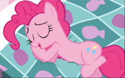 Size: 1497x941 | Tagged: safe, screencap, pinkie pie, earth pony, pony, g4, the one where pinkie pie knows, cropped, cute, diapinkes, eyes closed, female, hooves behind head, lying down, lying on bed, mare, open mouth, smiling, solo
