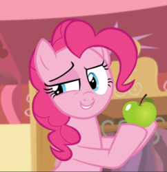 Size: 907x938 | Tagged: safe, screencap, pinkie pie, earth pony, pony, g4, the one where pinkie pie knows, apple, cropped, female, food, holding, lidded eyes, mare, raised eyebrow, smiling, solo