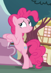 Size: 553x785 | Tagged: safe, screencap, pinkie pie, earth pony, pony, g4, the one where pinkie pie knows, bipedal, bipedal leaning, cropped, female, leaning, mare, nervous smile, solo