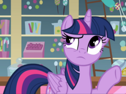 Size: 1226x914 | Tagged: safe, screencap, twilight sparkle, alicorn, pony, g4, the one where pinkie pie knows, cropped, cute, cutie mark, female, folded wings, frown, mare, raised eyebrow, raised hoof, solo, thinking, twilight sparkle (alicorn), wings