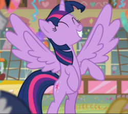 Size: 1050x940 | Tagged: safe, screencap, twilight sparkle, alicorn, pony, g4, the one where pinkie pie knows, cropped, cute, eyes closed, female, rearing, smiling, solo focus, spread wings, twiabetes, twilight sparkle (alicorn), wings