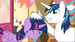 Size: 1671x941 | Tagged: safe, screencap, shining armor, twilight sparkle, alicorn, pony, g4, the one where pinkie pie knows, cute, duo, female, male, noogie, smiling, twiabetes, twilight sparkle (alicorn)
