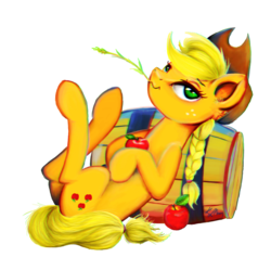 Size: 1024x1019 | Tagged: safe, artist:lailyren, applejack, earth pony, pony, g4, apple, applejack's hat, barrel, cowboy hat, female, food, hat, leaning, leaning back, legs in air, looking at you, on back, simple background, solo, sticker, straw in mouth, transparent background, wavy mouth