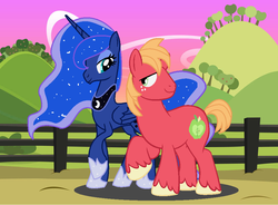 Size: 952x700 | Tagged: safe, artist:dark-ligth, big macintosh, princess luna, alicorn, earth pony, pony, g4, apple, apple tree, dirt road, duo, female, fence, hill, looking at each other, male, mare, missing accessory, ship:lunamac, shipping, stallion, straight, tree