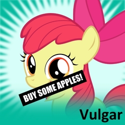 Size: 746x746 | Tagged: safe, artist:the smiling pony, apple bloom, earth pony, pony, derpibooru, friendship is witchcraft, g4, apple bloom's bow, bow, buy some apples, female, filly, golden eyes, hair bow, hilarious in hindsight, icon, looking at you, meme, meta, meta:vulgar, official spoiler image, open mouth, open smile, prank, red hair, red mane, smiling, solo, spoiler joke, spoiler tag, spoilered image joke, yellow body, yellow coat, yellow fur, yellow pony