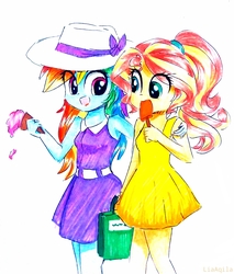 Size: 1514x1780 | Tagged: safe, artist:liaaqila, rainbow dash, sunset shimmer, equestria girls, g4, alternate clothes, alternate hairstyle, clothes, dress, food, hat, ice cream, popsicle, rainbow dash always dresses in style, sleeveless, traditional art