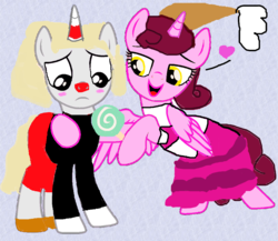 Size: 1024x887 | Tagged: safe, artist:katierose45, artist:klewgcg, alicorn, pony, unicorn, 1000 hours in ms paint, alicornified, baroness von bon bon, base used, blushing, candy, clothes, crossover, crossover shipping, cuphead, cuphead (character), dress, food, gloves, lollipop, long sleeves, ponified, race swap, shipping, shirt, shoes, shorts, studio mdhr
