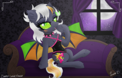 Size: 3500x2250 | Tagged: safe, artist:darkest-lunar-flower, oc, oc:dree deray, bat pony, pony, bat pony oc, bat wings, couch, high res, latex, licking, moon, tongue out, wings
