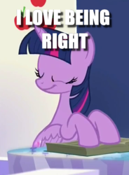 Size: 374x508 | Tagged: safe, edit, edited screencap, screencap, twilight sparkle, alicorn, pony, g4, the hooffields and mccolts, book, caption, cropped, cutie map, eyes closed, female, friendship throne, image macro, meme, smug, smuglight sparkle, solo, text, twilight sparkle (alicorn)