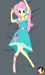 Size: 1517x2500 | Tagged: safe, artist:rexpony, fluttershy, equestria girls, g4, my little pony equestria girls: better together, armpits, barefoot, body pillow design, bronybait, clothes, cute, dress, feet, female, fluttershy boho dress, full body, looking at you, one shoe off, partially undressed, sandals, shyabetes, smiling, solo