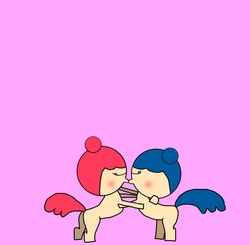 Size: 2048x2010 | Tagged: safe, artist:undeadponysoldier, oc, oc only, oc:dolly, oc:molly, pony, blushing, female, high res, kissing, lesbian, oc x oc, pink background, purple background, shipping, simple background, twins