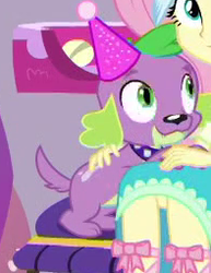 Size: 197x255 | Tagged: safe, screencap, fluttershy, spike, spike the regular dog, dog, equestria girls, fomo, g4, my little pony equestria girls: better together, cropped, cute, hat, male, offscreen character, party hat, spikabetes, spike's dog collar, tail