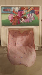Size: 2340x4160 | Tagged: source needed, safe, button mash, cheerilee, diamond tiara, pipsqueak, scootaloo, silver spoon, pony, rabbit, g4, chair, highchair, irl, orient king of dumplings, photo, seat