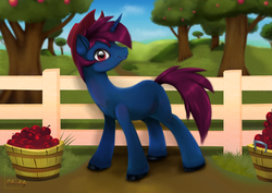 Size: 6000x4250 | Tagged: safe, artist:darksly, oc, oc only, pony, absurd resolution, apple, apple tree, basket, cowboy hat, fence, food, hat, male, smiling, solo, stallion, stetson, tree