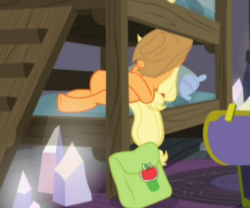 Size: 442x367 | Tagged: safe, screencap, applejack, earth pony, pony, g4, hearthbreakers, bed, bunk bed, cropped, female, hat over eyes, lying down, lying on bed, mare, pillow, saddle bag, solo