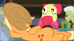 Size: 1404x782 | Tagged: safe, screencap, apple bloom, applejack, granny smith, earth pony, pony, g4, hearthbreakers, bed, bow, elderly, female, filly, hair bow, hat over eyes, hooves behind head, lying on bed, mare, solo focus, upside down