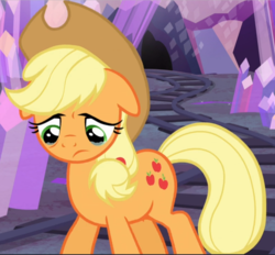 Size: 1015x941 | Tagged: safe, screencap, applejack, earth pony, pony, g4, hearthbreakers, cropped, crying, crying on the outside, female, floppy ears, mare, sad, solo, teary eyes
