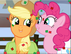 Size: 1245x943 | Tagged: safe, screencap, applejack, pinkie pie, earth pony, pony, g4, hearthbreakers, confetti, cropped, cute, diapinkes, duo, female, jackabetes, looking at each other, mare, saddle bag, smiling
