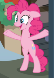 Size: 595x845 | Tagged: safe, screencap, pinkie pie, earth pony, pony, g4, hearthbreakers, bipedal, cropped, female, floppy ears, hooves in air, mare, open mouth, smiling, solo, underhoof